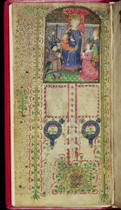 सुश्री ४१-१९ ५०, f.2v: मार्गरेट बेउचम्प से संबंधित घंटे की पुस्तक से समर्पण पृष्ठ, सी .१४२४ द्वारा अंग्रेजी स्कूल
