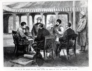 मुहम्मद याक़ब खान (1849-1923) 26 मई, 1879 को गुंडामक में शांति संधि पर हस्ताक्षर द्वारा अंग्रेजी स्कूल