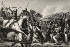 1857 में प्रकाशित &39;द हिस्ट्री ऑफ द इंडियन म्यूटिनी&39; से 1857 में मुथिनर घुड़सवार सेना ने कावपोर की लड़ाई में पैदल सेना के एक चौक पर हमला किया द्वारा अंग्रेजी स्कूल