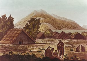 Huts और पहाड़ों के पीछे मूल निवासी, F. Fumagalli (रंग उत्कीर्णन) द्वारा उत्कीर्ण द्वारा अंग्रेजी स्कूल