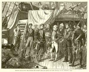 1797 के सेंट विंसेंट की लड़ाई में सैन जोसफ बोर्ड पर तलवारें प्राप्त करने वाले नेल्सन