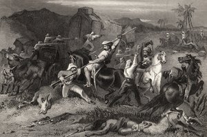 1858 में प्रकाशित &39;द हिस्ट्री ऑफ द इंडियन म्यूटिनी&39; से नाइट सॉर्टी और बैगेज वैगन्स पर हमला द्वारा अंग्रेजी स्कूल