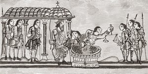 जेआर ग्रीन द्वारा &39;द ए शोर्ट हिस्ट्री ऑफ द इंग्लिश पीपल&39; से 1130-74 के अंश पर सिक्के प्राप्त करने और तौलने वाले अधिकारी, 1893 (लिथो) प्रकाशित द्वारा अंग्रेजी स्कूल
