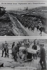 ब्रिटिश फ्रंट पर - हाइलैंडर्स एंड ए ट्रेंच हॉवित्जर, 1914-18 द्वारा अंग्रेजी स्कूल