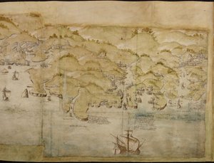 लैंड्स एंड से एक्समाउथ तक के तट के एक मनोरम मानचित्र का हिस्सा, लगभग 1539 (कागज़ पर कलम और स्याही से धुलाई) द्वारा अंग्रेजी स्कूल