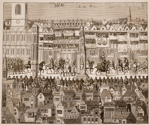 16 वीं शताब्दी के जल रंग (सीपिया फोटो) के बाद एडवर्ड VI, 1547 के कोरोनेशन जुलूस का हिस्सा द्वारा अंग्रेजी स्कूल