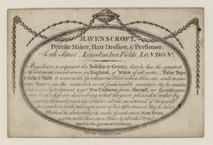 Peruke निर्माता, Ravenscroft, व्यापार कार्ड द्वारा अंग्रेजी स्कूल