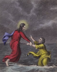 पतरस ने छलांग लगाई और उफनती लहर को रौंद डाला ... (रंगीन उत्कीर्णन) द्वारा अंग्रेजी स्कूल