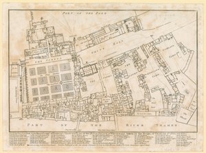 चार्ल्स द्वितीय के शासनकाल में ली गई व्हाइटहॉल के महल की योजना, 1680 द्वारा अंग्रेजी स्कूल
