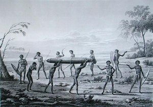 पोर्ट जैक्सन, न्यू हॉलैंड: एबोरिजिन दफन समारोह, 'वॉयेज ऑटोर डू मोंडे सुर लेस कॉर्वेट्स डी ल'उरेनी 1817-20' से लेरॉज और विलेरी द्वारा उकेरा गया, 1825 में प्रकाशित (उत्कीर्णन) द्वारा अंग्रेजी स्कूल