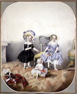 फैंसी ड्रेस में तीन नीली आंखों वाली लड़कियों का पोर्ट्रेट, c.1840 (कागज पर पानी के रंग का) द्वारा अंग्रेजी स्कूल