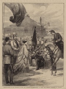 एचआरएच जर्मनी की शाही राजकुमारी (उत्कीर्णन) द्वारा पार्कहर्स्ट में 106 वीं रेजिमेंट के लिए नए रंगों की प्रस्तुति द्वारा अंग्रेजी स्कूल
