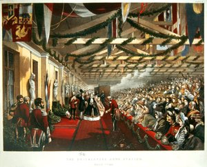 डेनमार्क की राजकुमारी एलेक्जेंड्रा 7 मार्च 1863 को द ब्रिकलेयर्स आर्म्स स्टेशन पर अपने भावी पति, प्रिंस ऑफ वेल्स के साथ लंदन पहुंची। 1863 (रंग लिथो) द्वारा अंग्रेजी स्कूल