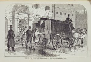 जेल वैन लंदन के आपराधिक जेलों और हेनरी मैय्यू (1812-87) द्वारा जेल जीवन के दृश्यों और जॉन बिन्नी, 1862 से हाउस ऑफ डिटेक्शन में कैदियों को ले जा रही है। द्वारा अंग्रेजी स्कूल