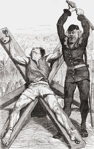 सेंट एंड्रयूज क्रॉस पर कैद किया जा रहा कैदी, c.1865 (लकड़ी की नक्काशी) द्वारा अंग्रेजी स्कूल