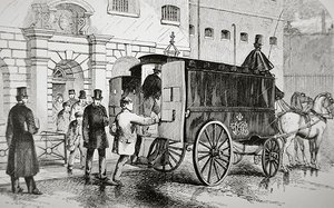 कैदी 1870 के दशक में 'ब्लैक मारिया' के नाम से जानी जाने वाली एक पुलिस वैन में सवार होते हैं (उत्कीर्णन) द्वारा अंग्रेजी स्कूल