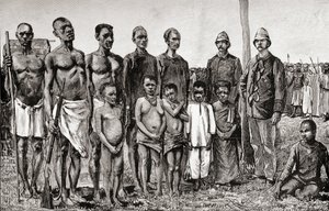 अंग्रेजी अधिकारियों, सूडानी और ज़ांज़ीबारिस, 1890 (लकड़ी के उत्कीर्णन) की तुलना में पैगमी मूल निवासी द्वारा अंग्रेजी स्कूल