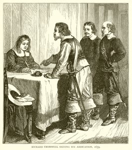 रिचर्ड क्रॉमवेल ने अपने अब्दिकेशन, 1659 पर हस्ताक्षर किए द्वारा अंग्रेजी स्कूल