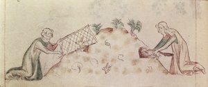 रॉय 2 बी VII f.155v एक महिला एक खरगोश को जाल और एक फेरेट के साथ पकड़ती है, #39;क्वीन मैरी साल्टर#39; से, c.1310-20 (वेल्लम) द्वारा अंग्रेजी स्कूल