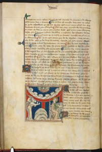 रॉयल 19 बी.XV, f.17v एक सिंह का मुंह और बादलों के एक उल्टे चाप पर छह सिर सात गर्जनों का प्रतिनिधित्व करते हैं: नीचे, बाईं ओर, देवदूत, और दाईं ओर, जॉन पुस्तक में लिखने वाला है, #39;द क्वीन मैरी एपोकैलिप्स#39; से, इंग्लिश स्कूल (14वीं शताब्दी) द्वारा अंग्रेजी स्कूल