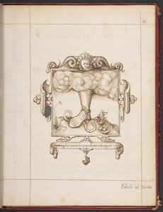रॉयल एमएस 18 ए XLVIII, fol. 12r, जॉर्ज गैसकोइन की हेमेट्स द हर्मिट की प्रस्तुति प्रति से लैटिन आदर्श वाक्य के साथ प्रतीक द्वारा अंग्रेजी स्कूल