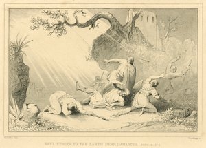 शाऊल ने दमिश्क के पास पृथ्वी पर प्रहार किया, प्रेरितों के काम IX, 3-4 (उत्कीर्णन) द्वारा अंग्रेजी स्कूल