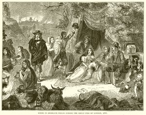 लंदन की महान आग के दौरान हाईगेट फील्ड्स में दृश्य, 1666 द्वारा अंग्रेजी स्कूल