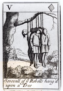 कई विद्रोहियों ने एक पेड़ से लटका दिया, 1685 में मोनमाउथ विद्रोह के स्मरण में एक सेट से पांच दिल ताश का खेल द्वारा अंग्रेजी स्कूल