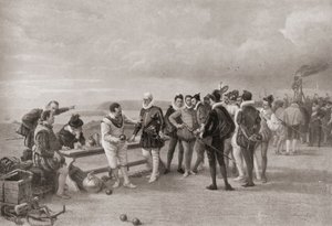 सर फ्रांसिस ड्रेक 1588 में इंग्लैंड के प्लायमाउथ हो में स्पेनिश आर्मडा के साथ गेंदबाजी करते हुए। द्वारा अंग्रेजी स्कूल