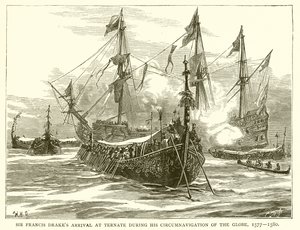 1577--1580 के ग्लोब के अपने पूर्वनिर्देशन के दौरान सर फ्रांसिस ड्रेक्स टरनेट पहुंचे द्वारा अंग्रेजी स्कूल