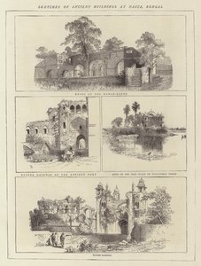 ढाका, बंगाल में प्राचीन इमारतों के रेखाचित्र (उत्कीर्णन) द्वारा अंग्रेजी स्कूल