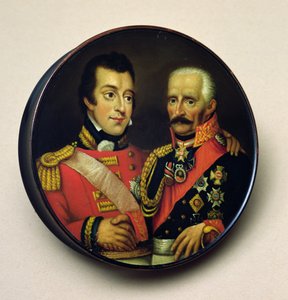 आर्थर वेलेस्ली (1769-1852) ड्यूक ऑफ वेलिंगटन और गेबर्ड लेब्रेच (1742-1819) फील्ड मार्शल, प्रिंस वॉन ब्लशर (चित्रित लकड़ी) के चित्रों के साथ स्नफ़ बॉक्स द्वारा English School