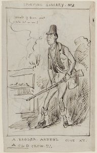 स्पोर्टिंग गैलरी नंबर 2, ए रेगलर, आर्टफुल कोव एट ए ओल्ड क्रो, c.1825 (कागज पर कलम और स्याही) द्वारा अंग्रेजी स्कूल