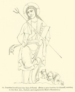सेंट डंस्टन, बोड लिब, ऑक्सफ़ोर्ड में मौजूद एक पेन-ड्राइंग से, मसीह के चरणों में घुटने टेकते हुए, और हिक के थिसॉरस (उत्कीर्णन) में उकेरा गया था द्वारा अंग्रेजी स्कूल