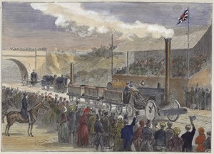 1829 में रेनहिल में लोकोमोटिव की प्रतियोगिता में पहले स्थान पर आने वाले स्टीफेंसन रॉकेट द्वारा अंग्रेजी स्कूल