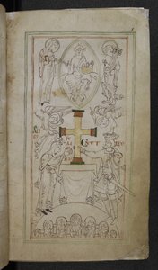 स्टोव 944 f.6 राजा कन्नट और उनकी रानी, एल्फगीफू, न्यू मिनस्टर की वेदी पर एक क्रॉस पेश करते हुए, #39;लिबर विटे#39;, सी.1031 (वेल्लम पर स्याही) द्वारा अंग्रेजी स्कूल