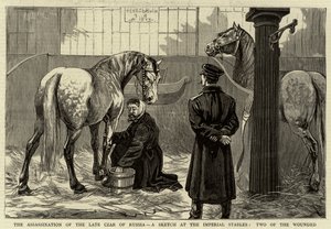 रूस के स्वर्गीय सीज़र की हत्या, शाही अस्तबल में एक स्केच, दो घायल द्वारा अंग्रेजी स्कूल
