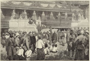 बर्मा के बौद्ध आर्कबिशप मंडलाय में मठ में सर फ्रेडरिक रॉबर्ट्स को प्राप्त करते हैं
