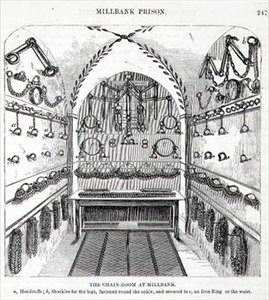 हेनरी मेयू (1812-87) और जॉन बिन्नी द्वारा 'द क्रिमिनल प्रिज़न्स ऑफ़ लंदन एंड सीन्स ऑफ़ प्रिज़न लाइफ' से मिलबैंक में द चेन-रूम द्वारा अंग्रेजी स्कूल
