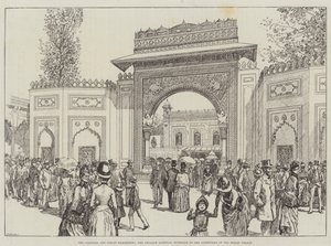 औपनिवेशिक और भारतीय प्रदर्शनी, ग्वालियर गेटवे, भारतीय महल के आंगन में प्रवेश (उत्कीर्णन) द्वारा अंग्रेजी स्कूल