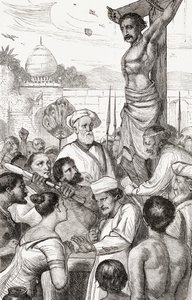 बर्मा के एक करेन शहीद का क्रूसीकरण, c.1865 (लकड़ी की नक्काशी) द्वारा अंग्रेजी स्कूल