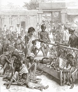 भारत में अकाल: बैंगलोर में मूल निवासी राहत की प्रतीक्षा में, अक्टूबर 1877। द्वारा अंग्रेजी स्कूल