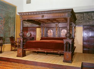 द ग्रेट बेड ऑफ़ वेयर, c.1590 (नक्काशीदार, जड़ा हुआ और चित्रित लकड़ी)