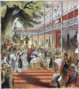 1851 में हाइड पार्क में ग्रेट लंदन एक्सपो। 1851 की महान प्रदर्शनी। 1851 में दुनिया भर के विभिन्न देशों की कई चीजों को प्रदर्शित करने के लिए हाइड पार्क में एक कांच का महल बनाया गया था द्वारा अंग्रेजी स्कूल
