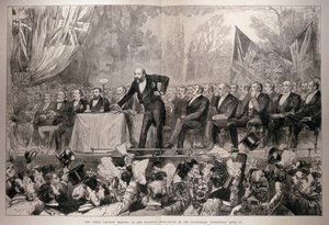 24 अप्रैल 1886 को &39;द इलस्ट्रेटेड लंदन न्यूज&39; से बुधवार 14 अप्रैल को हेमार्केट में हर्ज़ मैजेस्टी ओपेरा हाउस में द ग्रेट यूनियनिस्ट मीटिंग द्वारा अंग्रेजी स्कूल