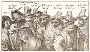 गनपाउडर प्लॉट Conspirators, एक 1606 उत्कीर्णन के बाद द्वारा अंग्रेजी स्कूल