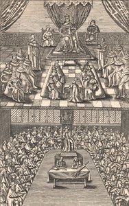 किंग चार्ल्स I के तहत हाउस ऑफ लॉर्ड्स और हाउस ऑफ कॉमन्स, c.1640 (रंगीन वुडकट) द्वारा अंग्रेजी स्कूल