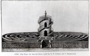 Giovanni Battista Carboni (1723-83) और N. Randonnette द्वारा एक प्रिंट के बाद, स्ट्रैप में विला पिसानी के भूलभुलैया द्वारा अंग्रेजी स्कूल