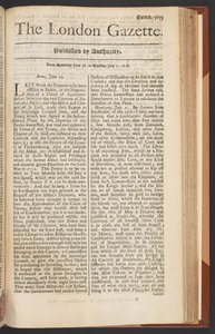 लंदन गजट, अंक 5655, पृष्ठ 1, 28 जून 1718 (मुद्रित) द्वारा अंग्रेजी स्कूल