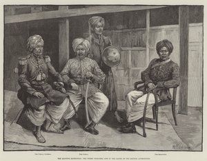 मणिपुर अभियान, तीन कैदी अब ब्रिटिश अधिकारियों के हाथों में हैं (उत्कीर्णन) द्वारा अंग्रेजी स्कूल